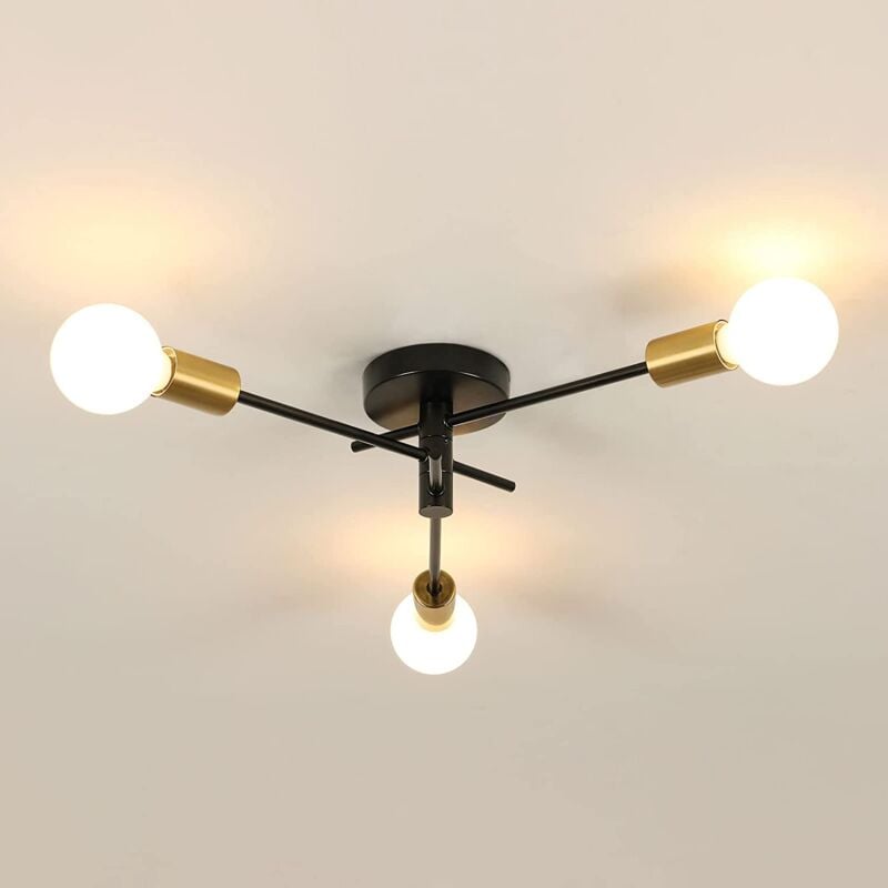 foto del prodotto plafoniera retro base e27 3 portalampade lampada a soffitto per soggiorno, camera da letto, sala da pranzo, ufficio nero goeco
