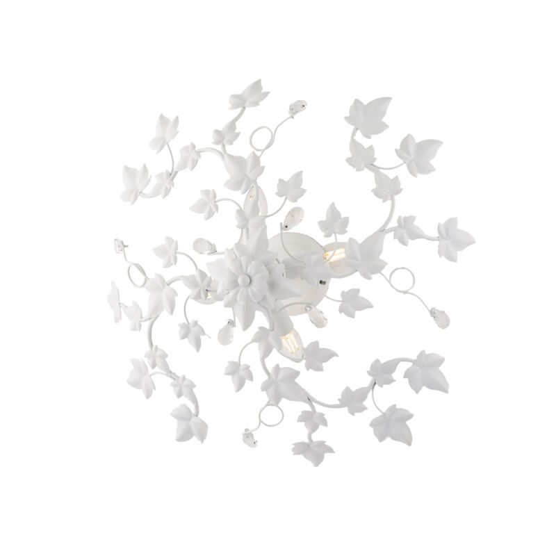foto del prodotto plafoniera shabby edera 4 luci ferro battuto bianco con foglie e cristalli
