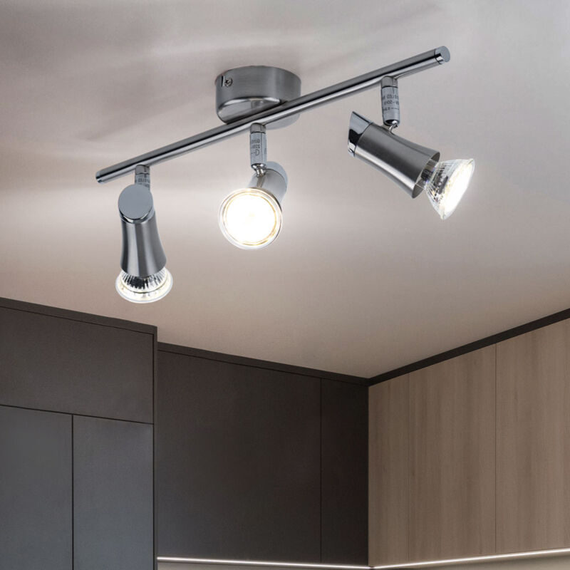 foto del prodotto plafoniera spot bar lampada da soffitto con faretti mobili faretto da soffitto a 3 luci, metallo nichel cromato opaco, 3x gu10 led bianco caldo, lxh