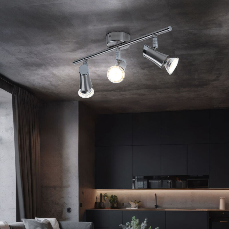 foto del prodotto plafoniera spot bar lampada da soffitto con faretti mobili faretto da soffitto a 3 luci, metallo nichel cromato opaco, 3x gu10 led bianco caldo, lxh