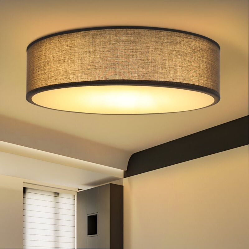 foto del prodotto plafoniera tessile grigia, plafoniera moderna dal design rustico e sobrio, illuminazione per ufficio, rotonda 38cm, 2 prese e27, fornita senza