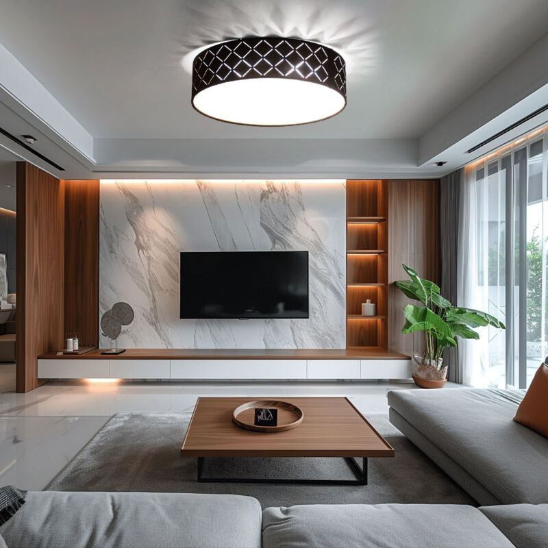 foto del prodotto plafoniera tessuto nero lampada da soffitto nero oro soggiorno rotondo, metallo, finitura satinata, 2x 7w 560lm bianco caldo, dxh 38x10 cm
