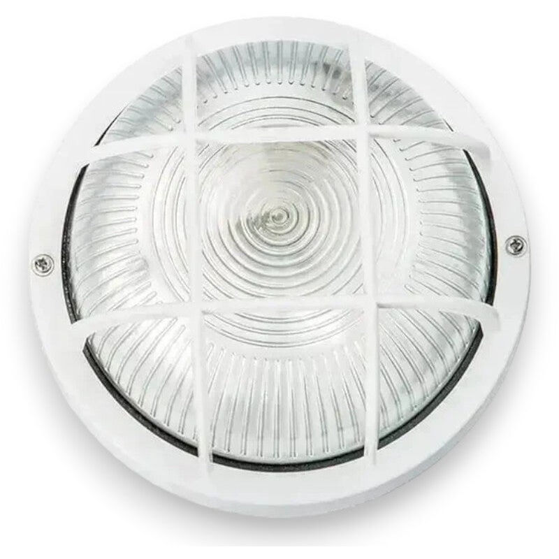 foto del prodotto plafoniera tonda illuminazione esterna con diffusore in vetro e griglia di protezione bianco