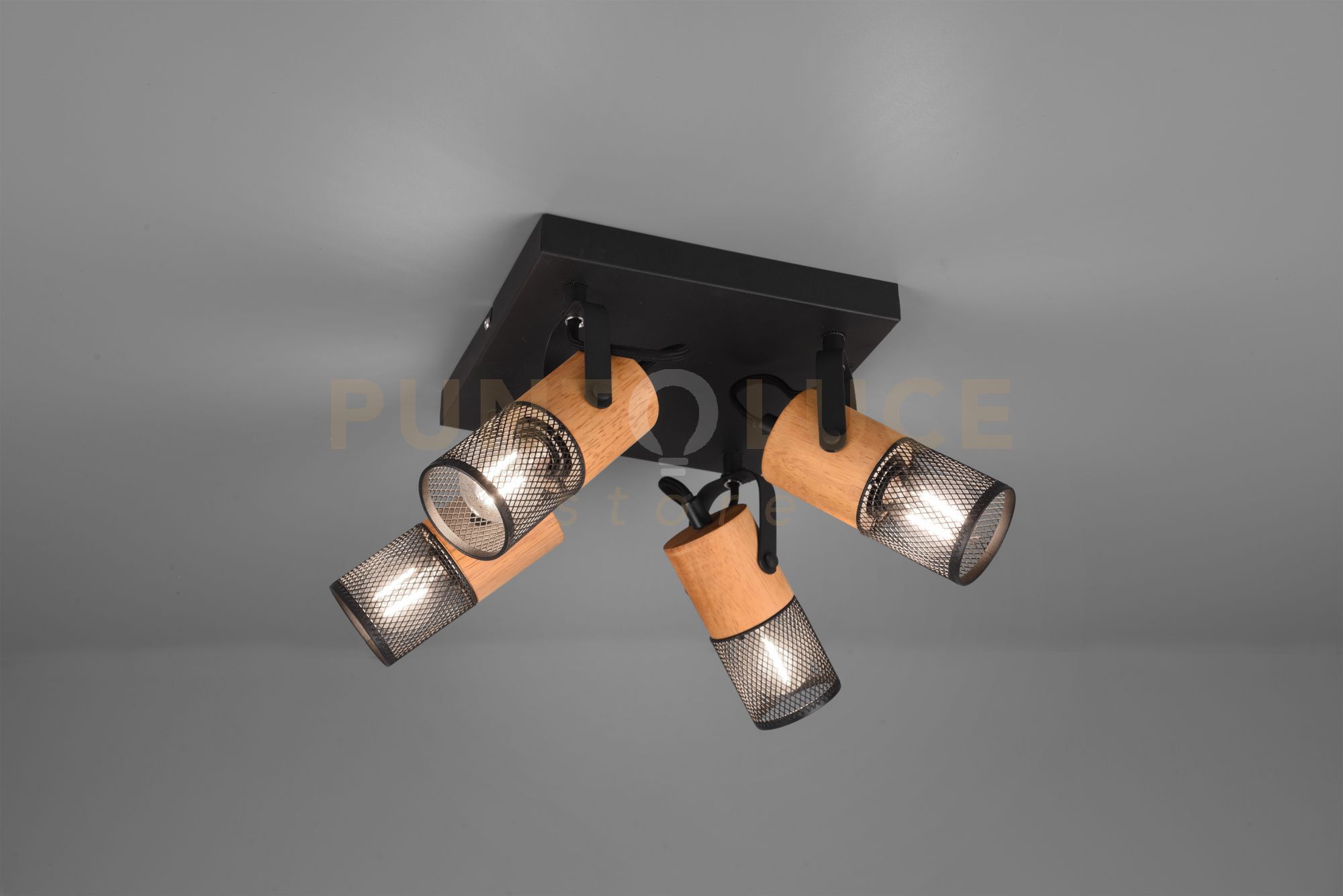 foto del prodotto plafoniera tosh 4 faretti e portafarettis cilindri gabbia metallo nero opaco e legno 804300432