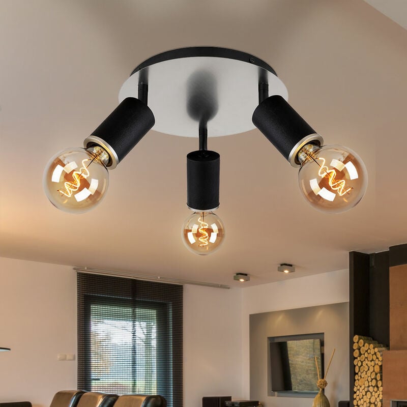 foto del prodotto plafoniera tre faretti, faretto da soffitto, faretto orientabile, 3 fiamme, nero, metallo, legno, 3x prese e27, dxh 28x18 cm