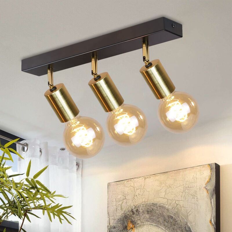 foto del prodotto plafoniera vintage a 3 fiamme gbly plafoniera a spot i e27, plafoniera industriale, lampada da cucina in stile retr nero e oro, spot di plafond