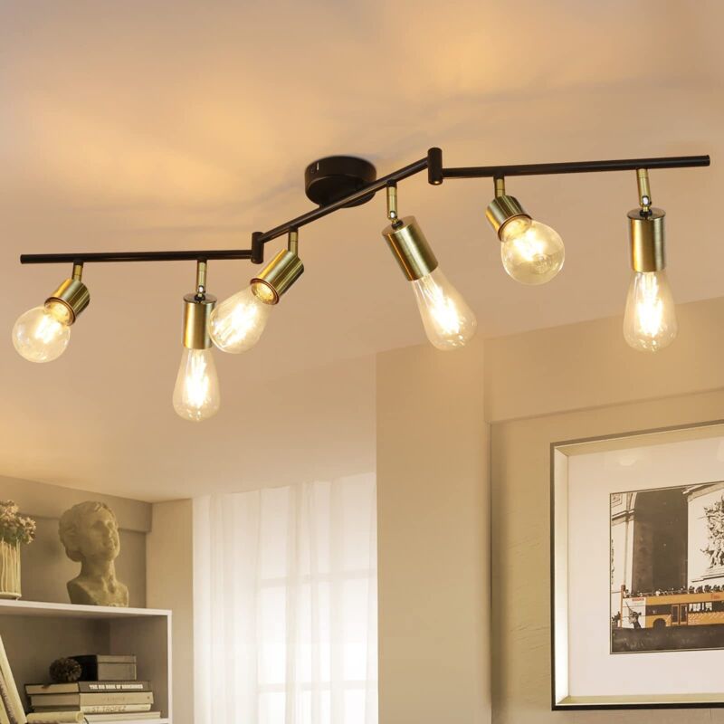 foto del prodotto plafoniera vintage, e27 lampada da soffitto industriale 6 teste, faretto regolabile dorato , faretti da soffitto industriali, faretti in metallo per