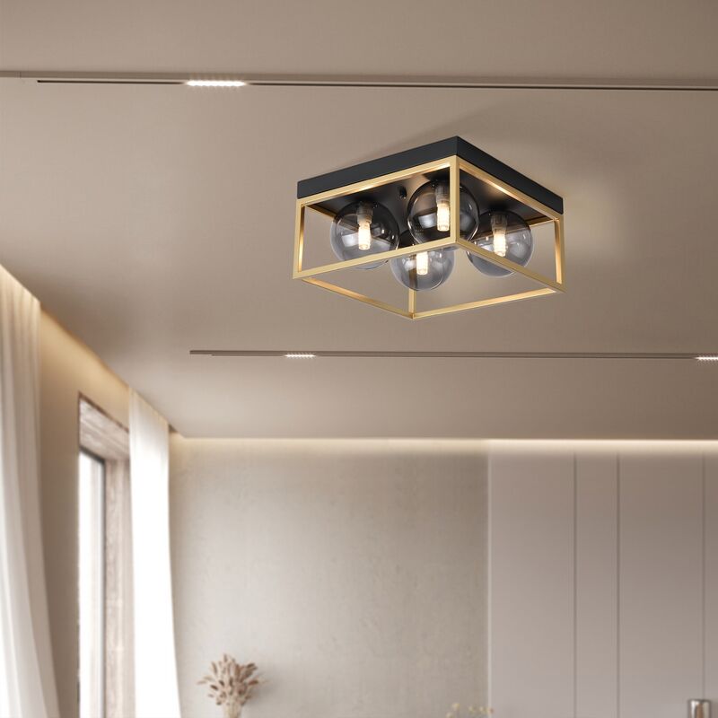 foto del prodotto plafoniera widnes con 4 paralumi sferici e telaio rettangolare color oro lux.pro