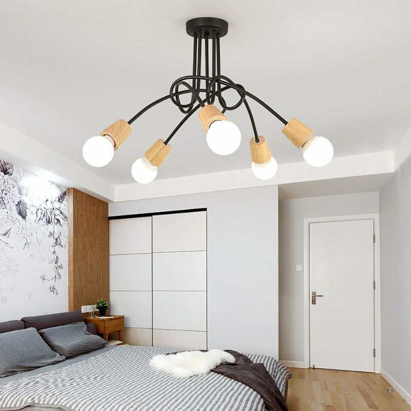 foto del prodotto plafoniere spider, lampadario a soffitto in industriale stile, illuminazione creativo supporto e27 per cucina camera da letto 5 luci nero e legna