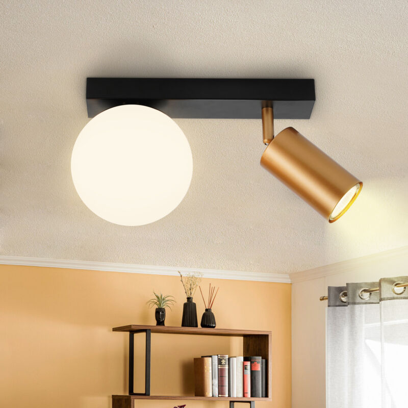 foto del prodotto plafonnier 2 flammes vintage plafonnier spot plafonnier nero metallo con spot plafond gu10 dorati lampada corridoio pivotante sfera di vetro e14