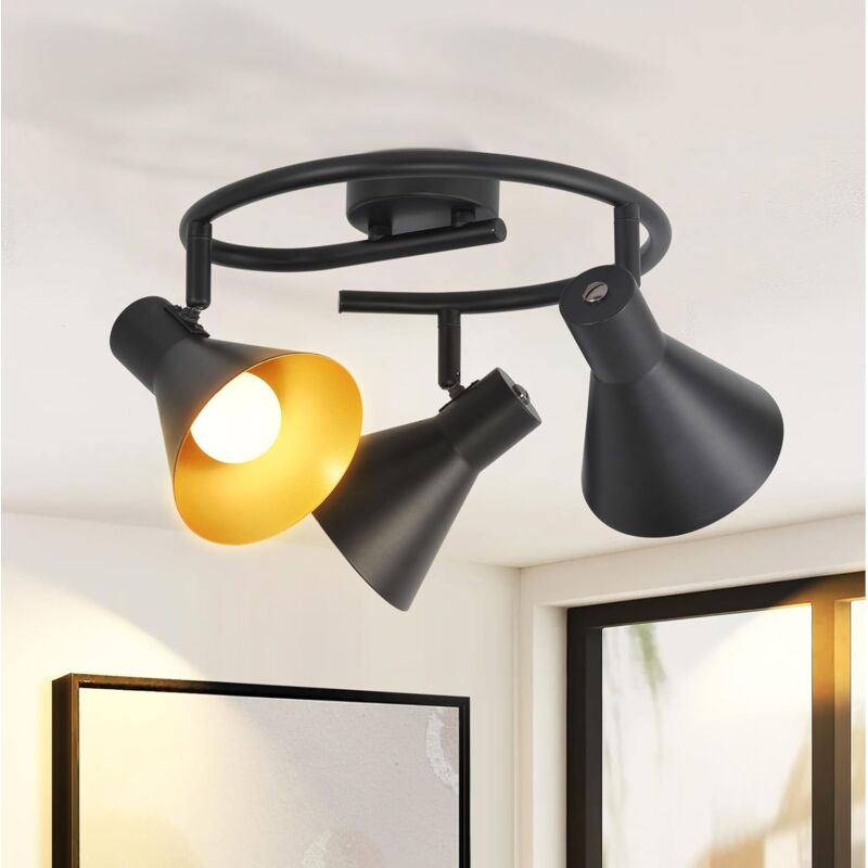 foto del prodotto plafonnier spot ronds , 3x e14 , pivotante orientable , design industriel , vintage spot mural , noir , ip20 , 25 x 21 cm , sans ampoules gbly