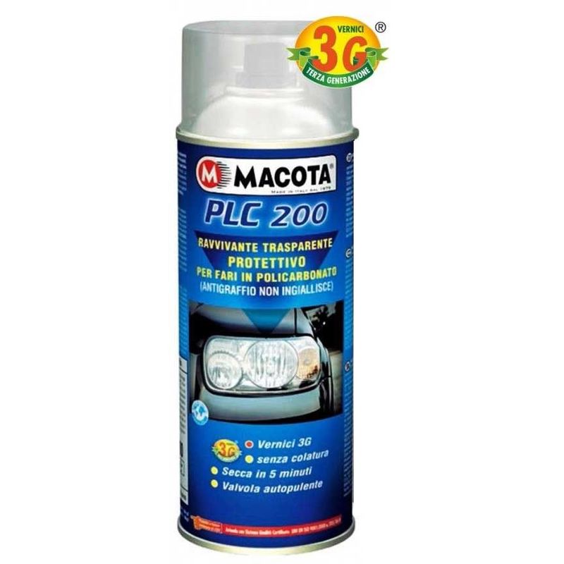 foto del prodotto plc 200 ravvivante trasparente fari protettivo vernice spray 200 400ml packaging 200ml macota