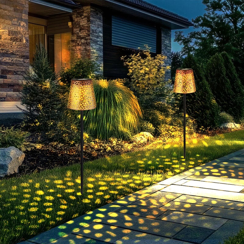 foto del prodotto plug in luce led lampada solare da giardino solare per esterno lampada solare plug in in metallo, con picchetto ip44, effetto luce, oro nero, led