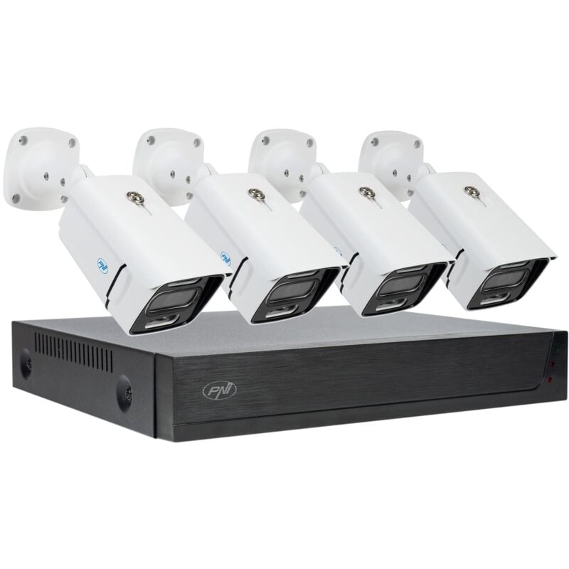 foto del prodotto pni kit videosorveglianza house ipmax poe 3, nvr con 4 porte poe, 4 telecamere 3mp, esterno, power over ethernet, rilevamento volti