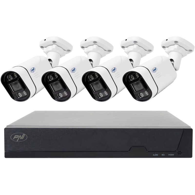 foto del prodotto pni poe house kit di videosorveglianza ipmax poe 5, nvr con 4 porte poe e 4 telecamere ip da 5 mp, 1920p, applicazione xmeye per smartphone e cms