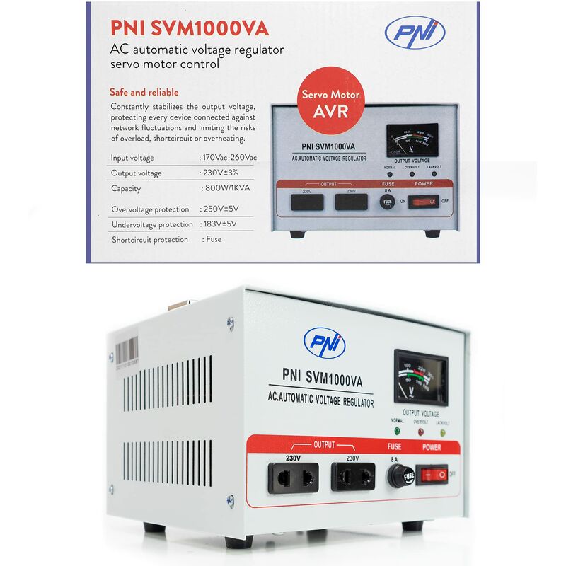 foto del prodotto pni stabilizzatore di tensione svm1000va con servomotore, uscita 800w, 3,6a, 230v