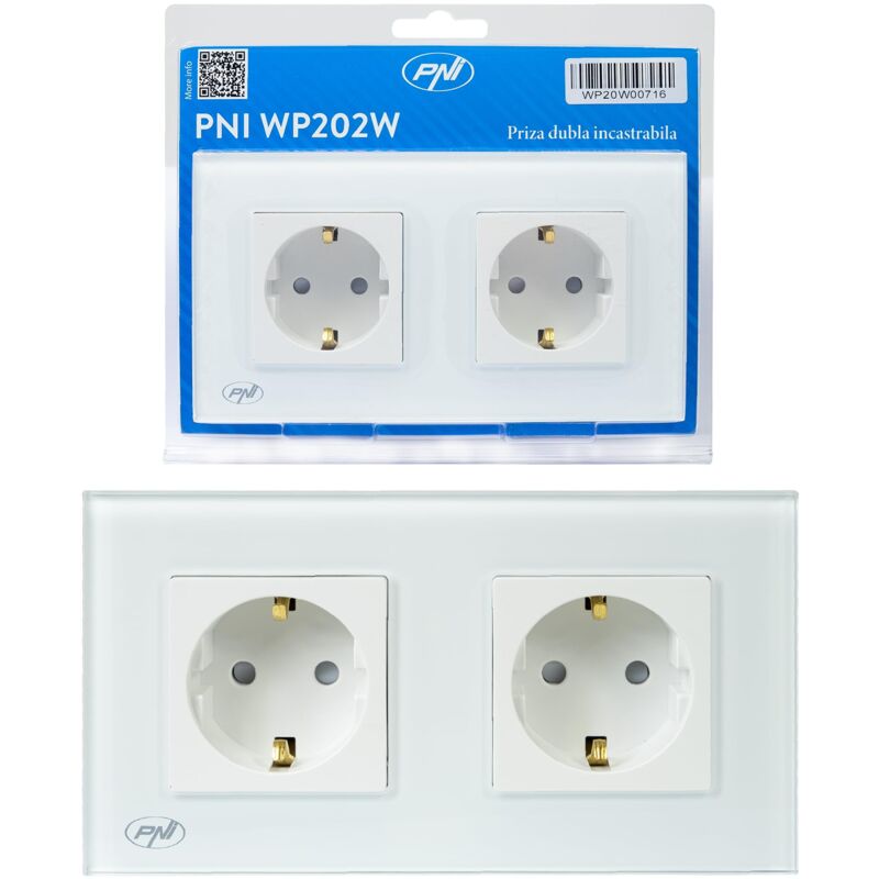 foto del prodotto pni wp202w presa doppia da incasso, con cornice in vetro, 16a, 2x3000w, 230v, bianco
