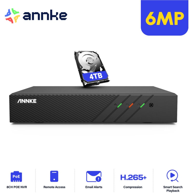 foto del prodotto poe 6mp h.265 nvr 8 canali per la sicurezza domestica, registrazione video, supporto telecamera ip hd da 4mp, 5mp o 6mp, hdd da 4 tb annke