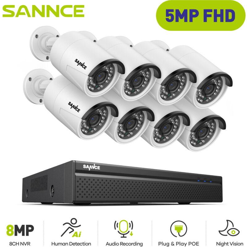foto del prodotto poe kit di videosorveglianza 8ch nvr 5mp 8telecamera smart ir visione notturna microfono incorporato ip66 impermeabilità sistema di sicurezza - sannce
