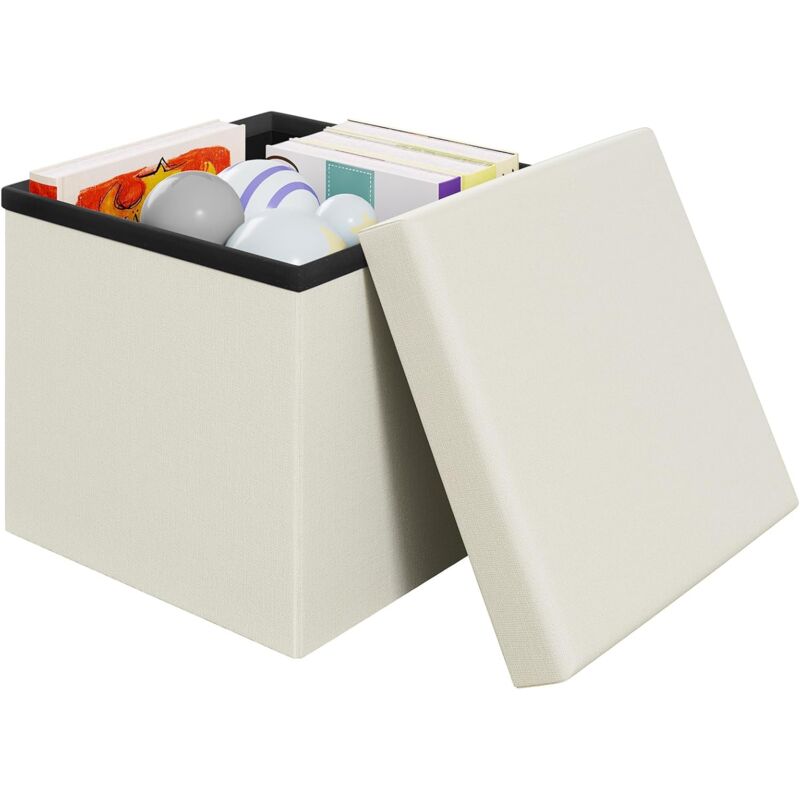 foto del prodotto poggiapiedi a cubo 30cm apribile contenitore sgabello quadrato imbottito pieghevole pouf con vano per riporre oggetti, crema klihome