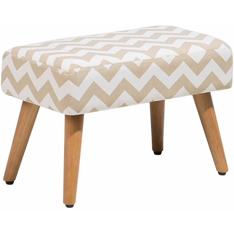 foto del prodotto poggiapiedi in cotone bianco e beige a zig zag con gambe in legno takoma