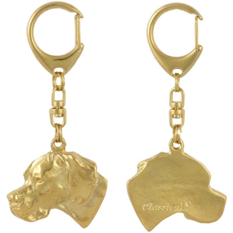 foto del prodotto pointer i portachiavi placcato oro con un cane in una scatola regalo, decorazione per borsa, accessorio di lusso di art dog