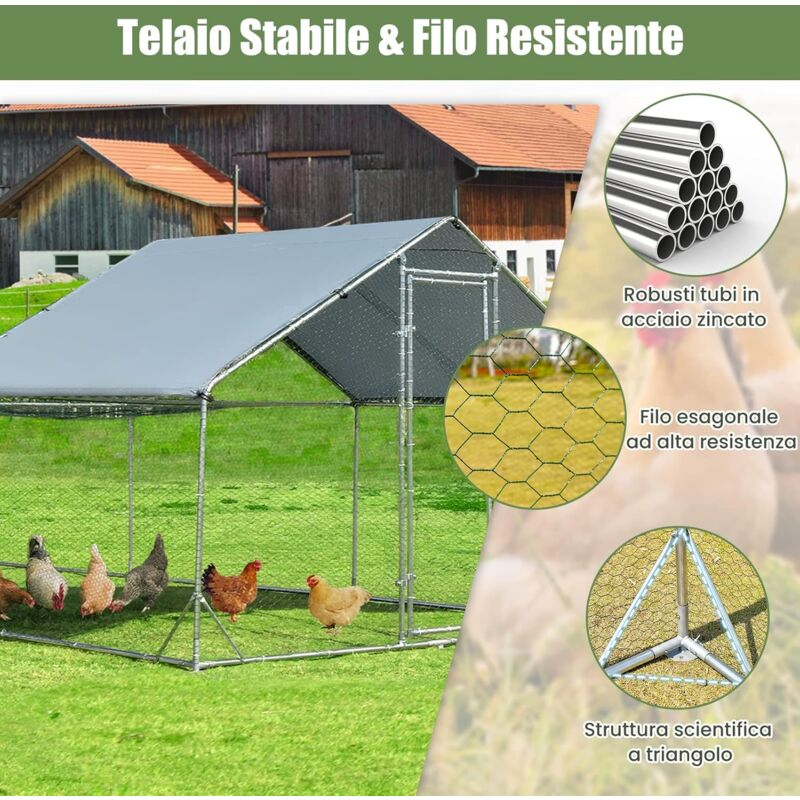 foto del prodotto pollaio in metallo 3x6x1,95 m con tetto impermeabile e resistente ai raggi uv, recinto esterno per polli 18 m , gabbia in acciaio zincato con porte e