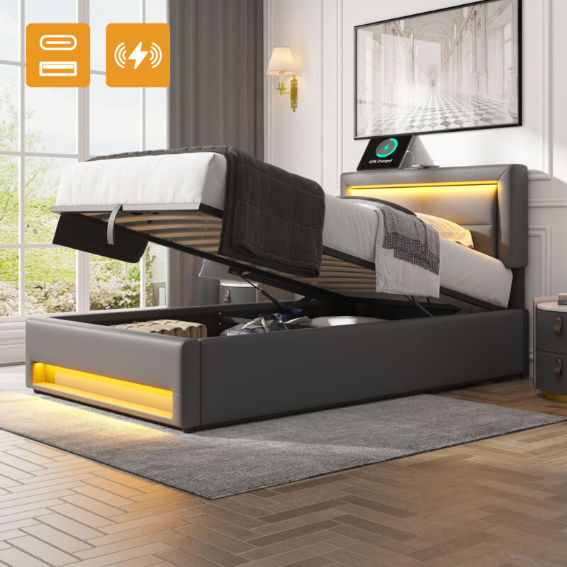 foto del prodotto polsterbett 90 x 200 cm, mit usb anschluss unterst tzt cavi e collegamenti via cavo caricati , mit led beleuchtung und stauraum, ohne matratze,
