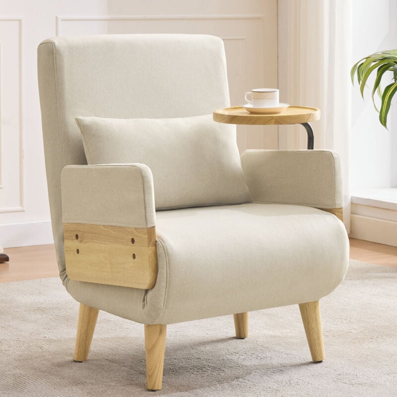 foto del prodotto poltrona 62x67x88 cm 3 in 1, divano letti singoli, sedia pieghevole con vassoio in legno, multifunzionale, lino, beige