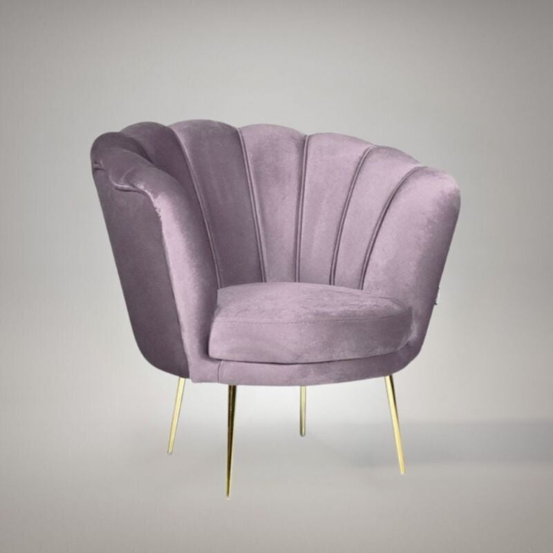 foto del prodotto poltrona a conchiglia in velluto colore glicine e gambe oro orel