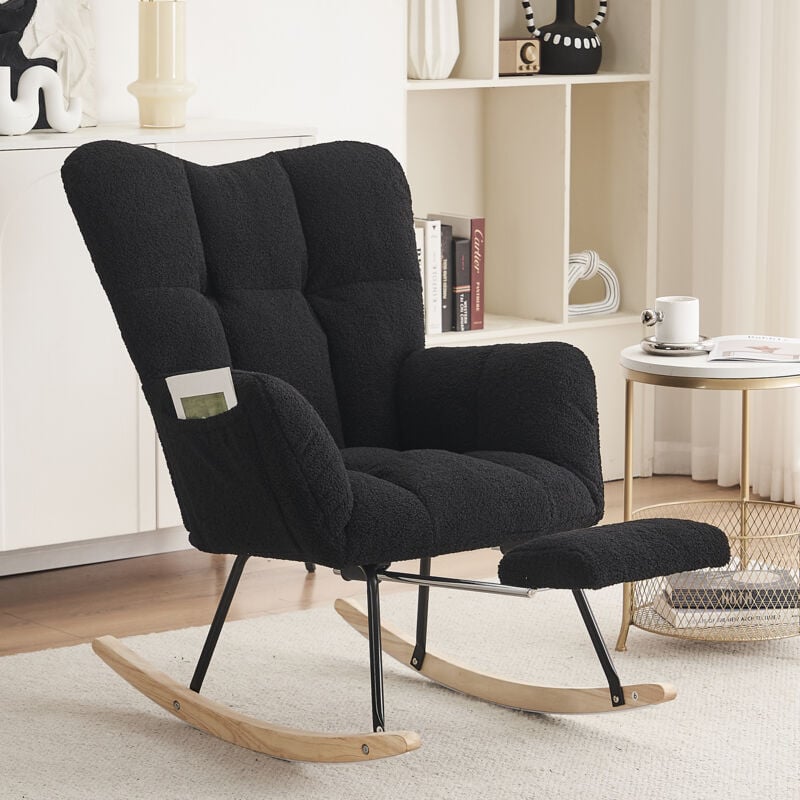 foto del prodotto poltrona a dondolo capitonn , rocking chair con schienale, poggiapiedi estraibile, tasche laterali, teddy, nero