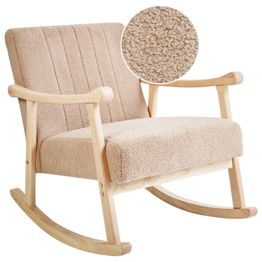 foto del prodotto poltrona a dondolo con rivestimento in boucl beige gambe in legno di gomma e braccioli soggiorno cameretta
