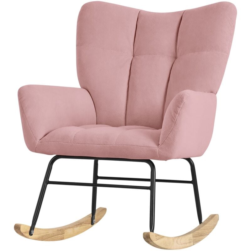 foto del prodotto poltrona a dondolo per salotto sedia confortevole rosa imbottita poltroncina da soggiorno con braccioli e schienale alto rilassante base in legno