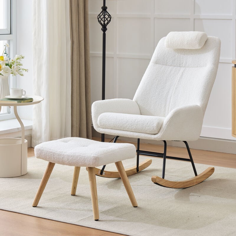 foto del prodotto poltrona a dondolo teddy velvet, poltrona effetto bianco, gambe in legno di caucci , struttura in ferro stampato a iniezione, sedia da soggiorno,