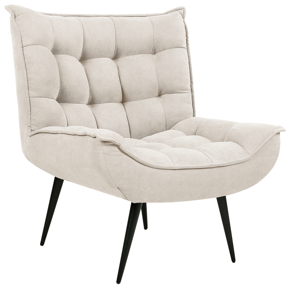 foto del prodotto poltrona beige chiaro senza braccioli con dettagli trapuntati, gambe in metallo nero stile soggiorno camera da letto moderno