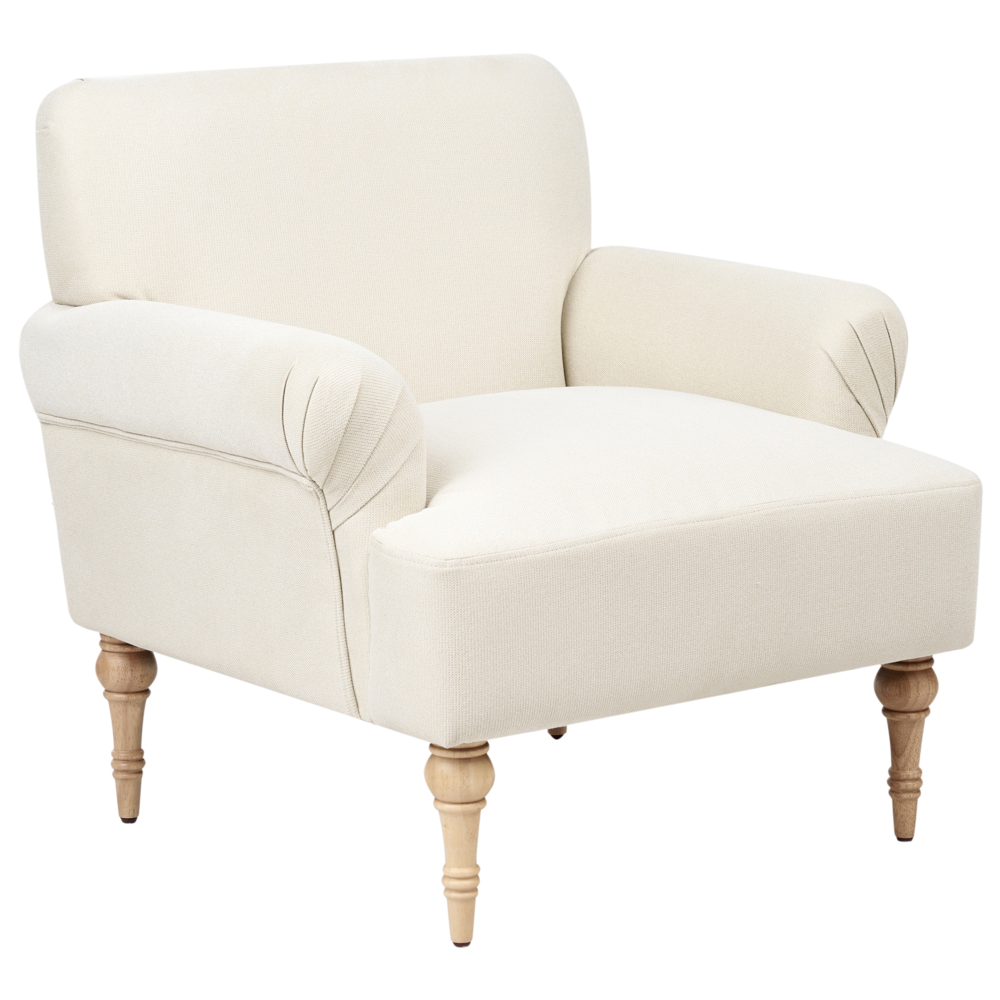 foto del prodotto poltrona beige chiaro tessuto poliestere idrorepellente gambe in legno di gomma arredamento minimalista retr per il soggiorno
