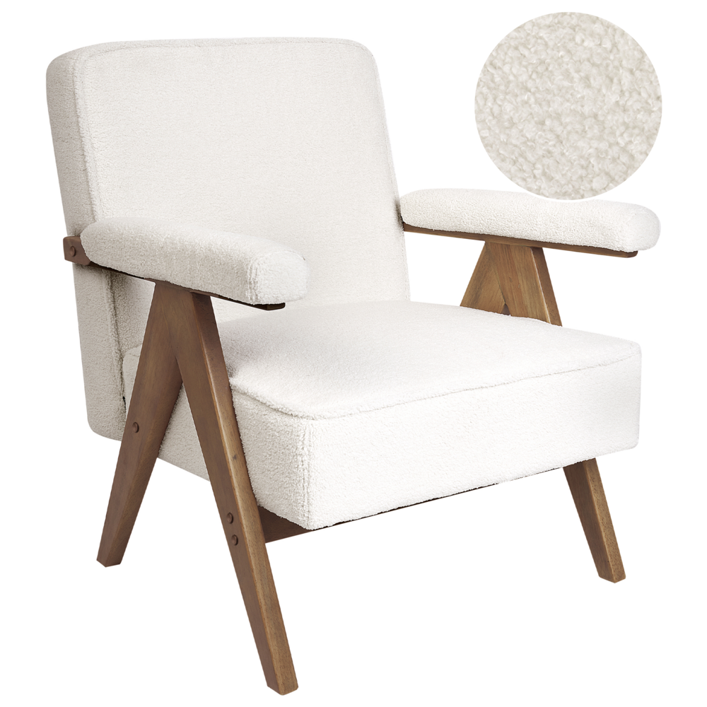 foto del prodotto poltrona bianco poliestere tessuto boucle rivestimento design retr struttura in legno braccioli soggiorno