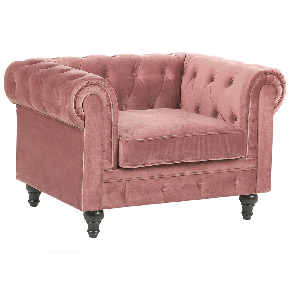 foto del prodotto poltrona chesterfield tessuto velluto rosa rivestimento gambe legno scuro contemporaneo