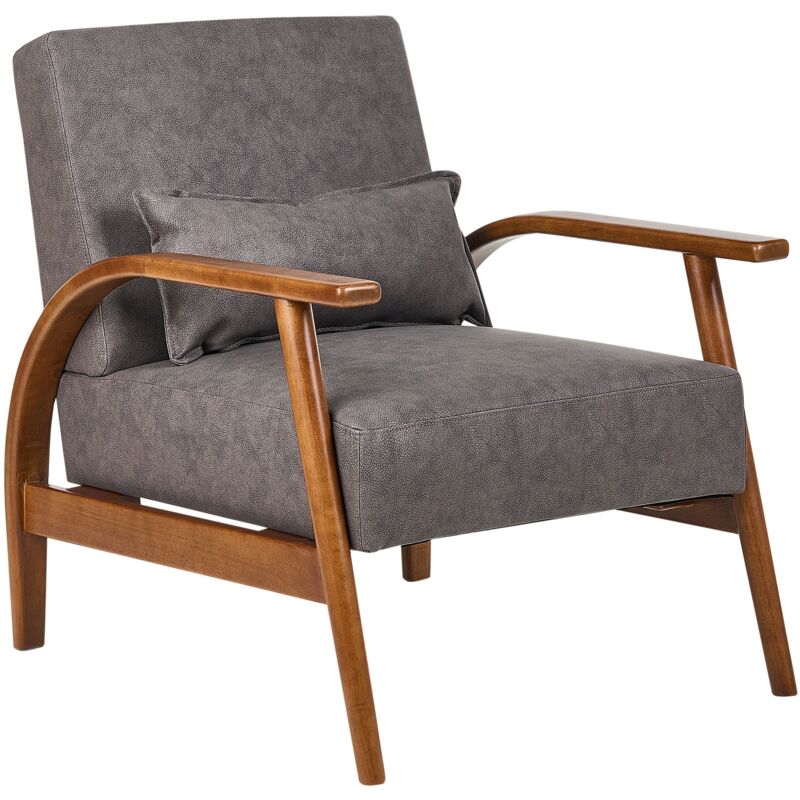 foto del prodotto poltrona classica retr in ecopelle con braccioli e cuscino gambe in legno di gomma marrone scuro skara