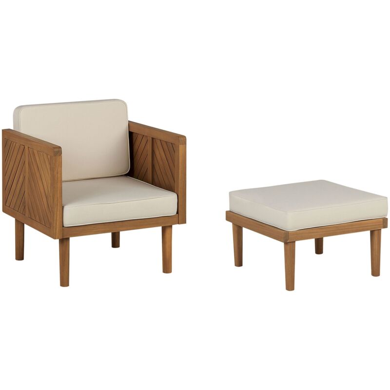 foto del prodotto poltrona con poggiapiedi legno di acacia e cuscini beige chiaro baratti