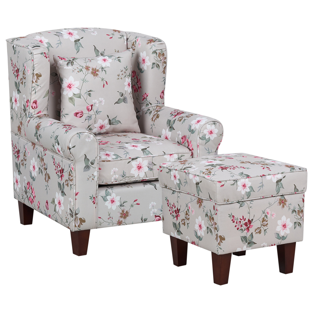 foto del prodotto poltrona con poggiapiedi tessuto a motivi floreali grigio chiaro gambe in legno stile wingback