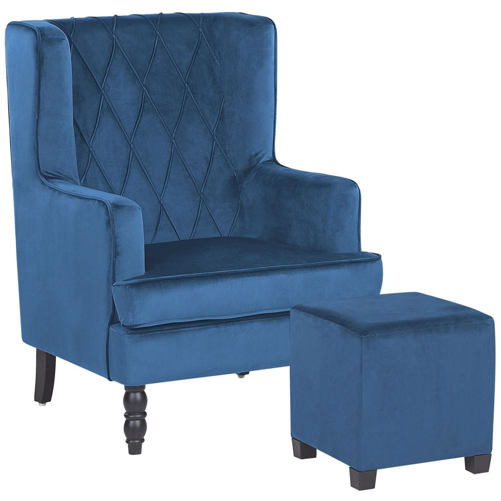 foto del prodotto poltrona con poggiapiedi tessuto velluto blu gambe in legno stile wingback