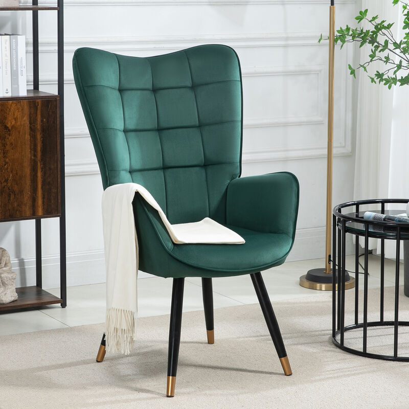 foto del prodotto poltrona con rivestimento in velluto verde, struttura posteriore in metallo, sedile in compensato e gambe in metallo nero e oro in stile scandinavo