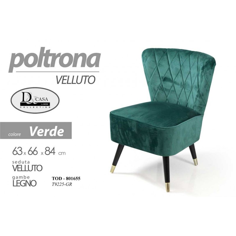 foto del prodotto poltrona da camera in velluto verde cm 63 x 66 x 84 h