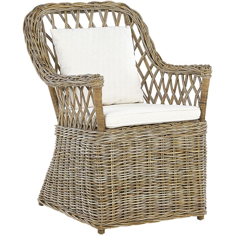 foto del prodotto poltrona da giardino in rattan naturale con cuscini in cotone bianco maros