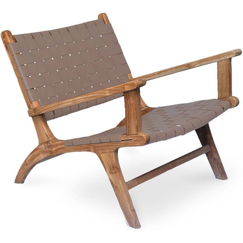 foto del prodotto poltrona da salotto con braccioli design boho bali legno e pelle recia marrone