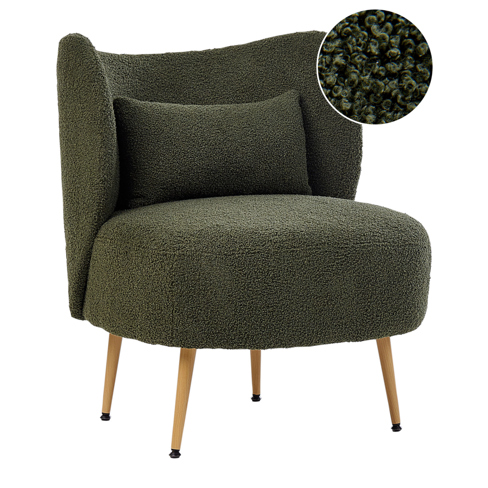 foto del prodotto poltrona da salotto con schienale curvo boucle verde scuro stile glam elegante soggiorno