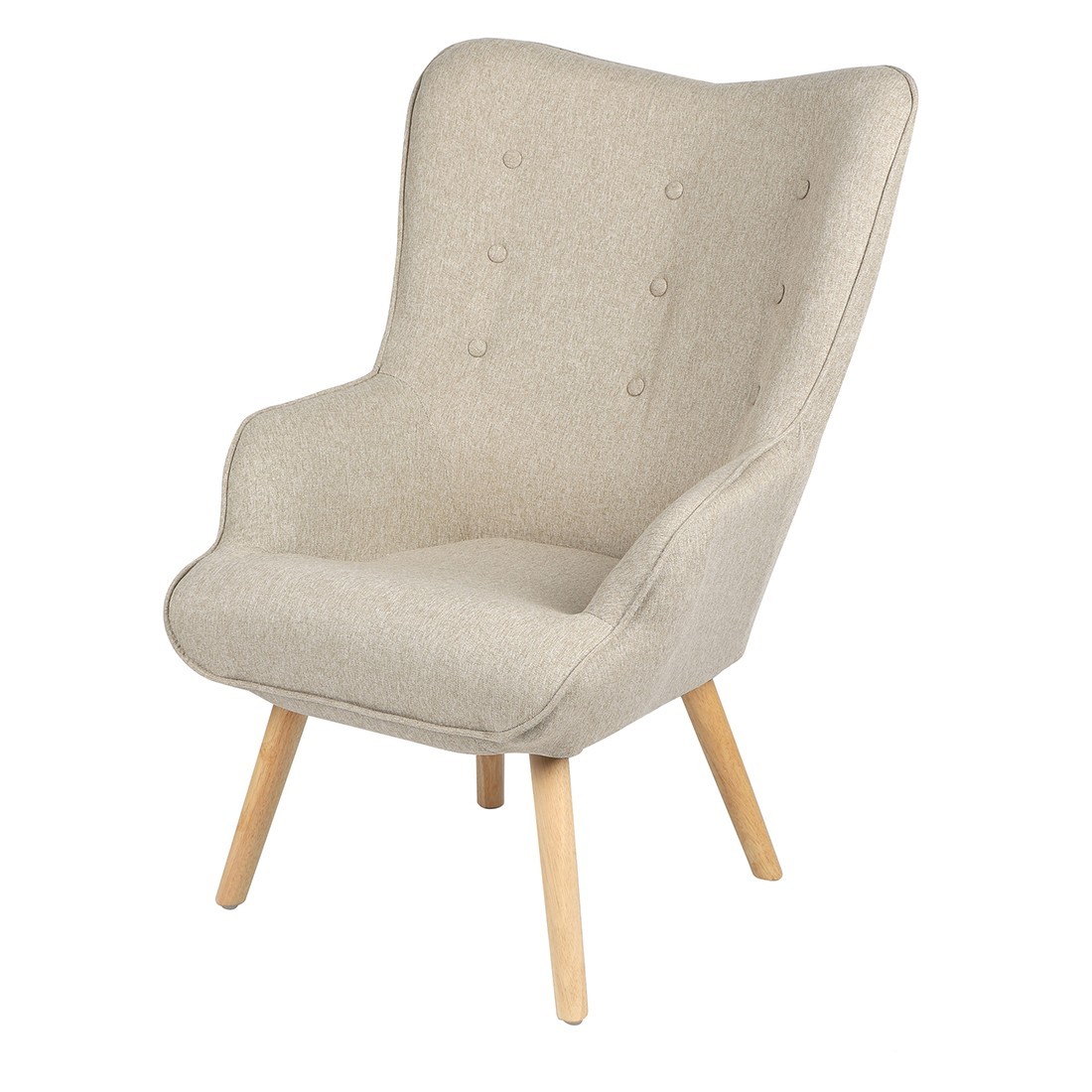 foto del prodotto poltrona da salotto in tessuto beige con gambe in legno collezione enjoy. stile scandinavo.