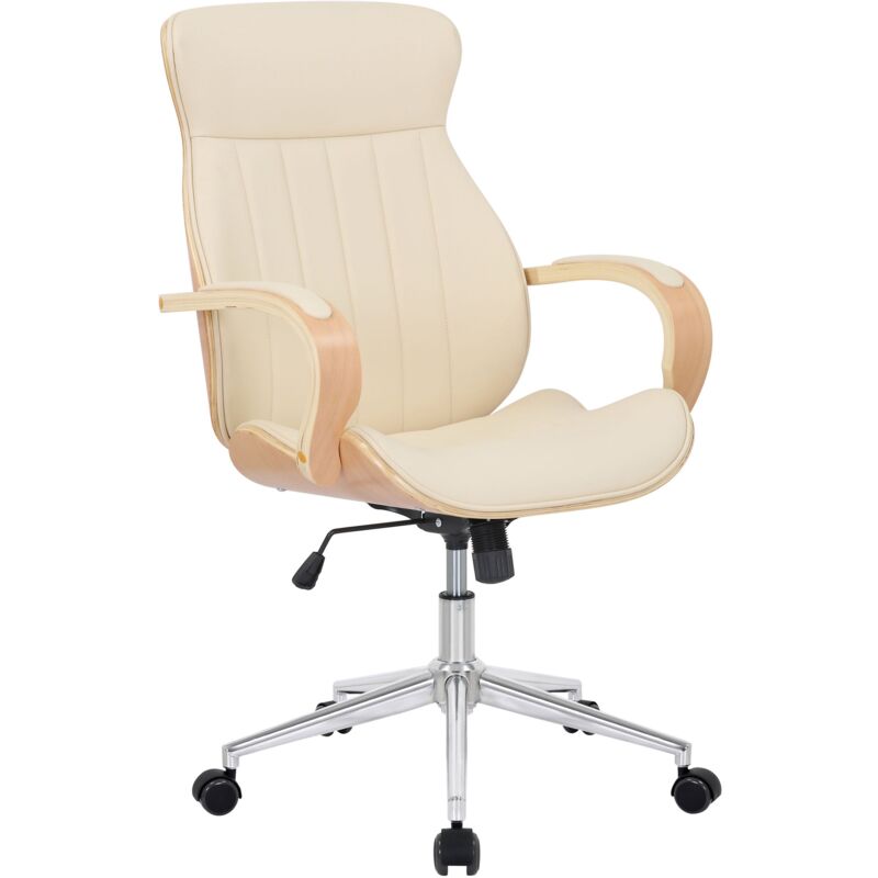foto del prodotto poltrona da ufficio con ruote in sintetico crema e legno chiaro, altezza regolabile bur10465