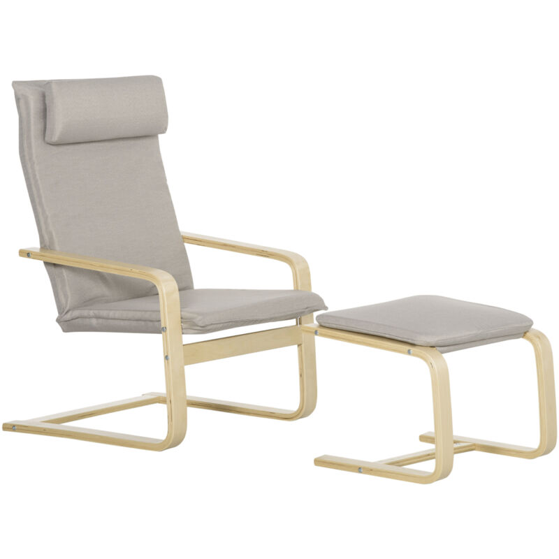 foto del prodotto poltrona design legno e tessuto con pouf poggiapiedi e poggiatesta grigio homcom